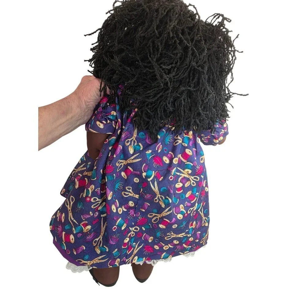 Handmade 90/00s 26″ African American Cloth Rag Doll Yarn Hair Folk Art Vtg Style
